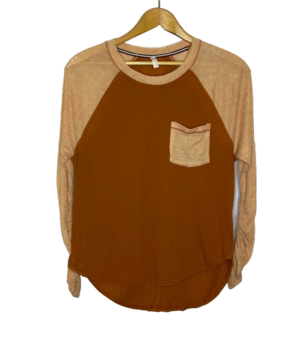 Women's XS Free People Ruched Sleeve Orange Pocket Baseball Long Sleeve Tee